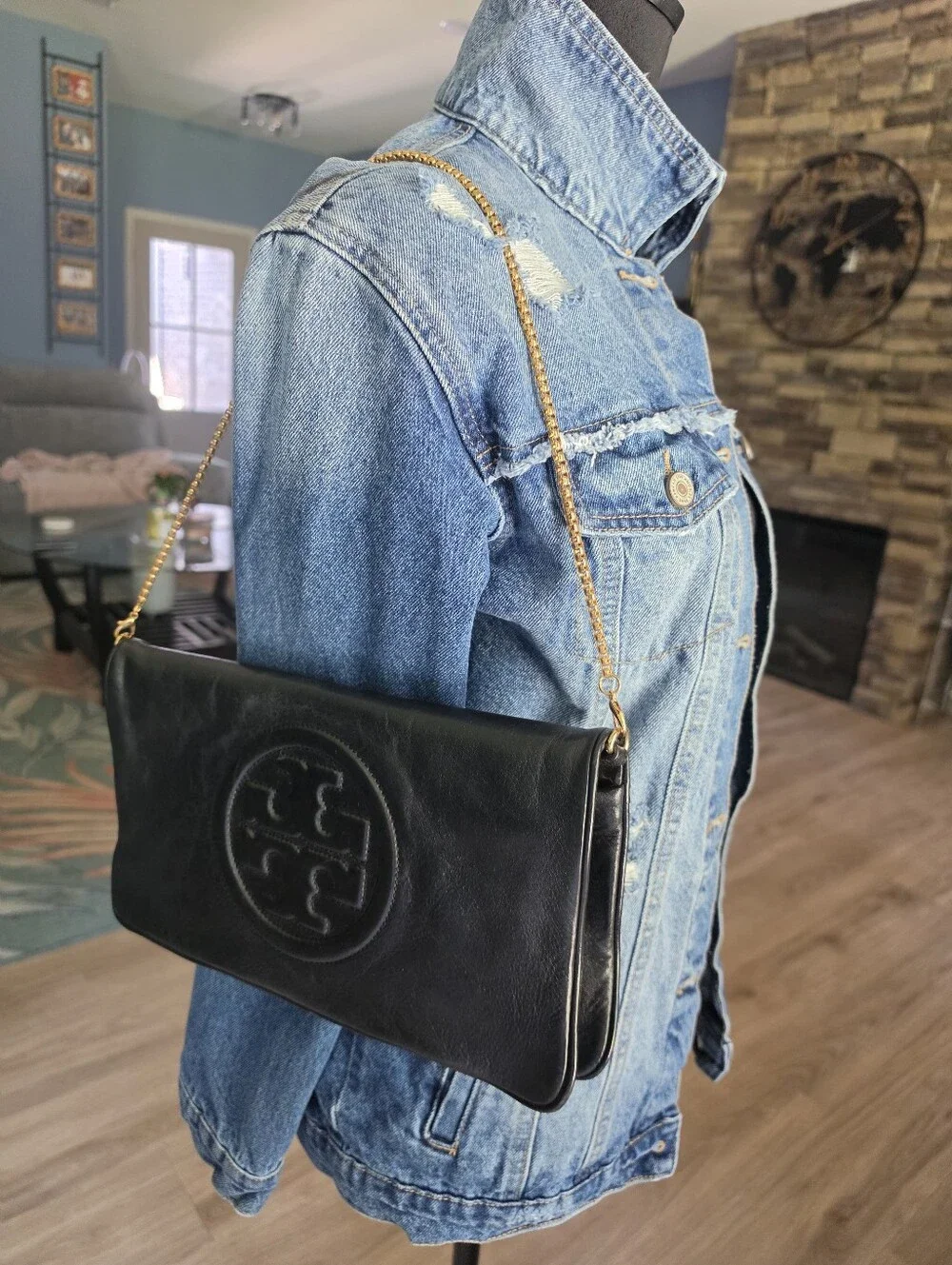 Tory Burch Black Leather Logo Chain Clutch